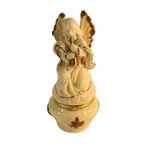 Vintage Angel Playing Trumpet Trinket Box‎ Porcelain Gold Accent Decor